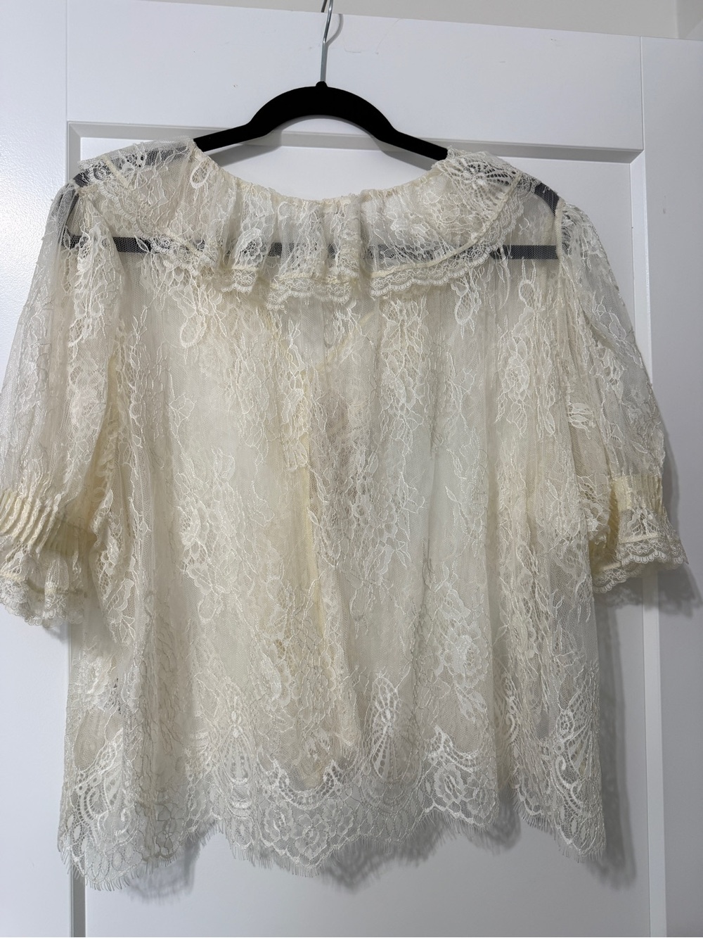 Joie Cream Lace Ruffle-Front Puff Sleeve Blouse - Picture 4 of 8